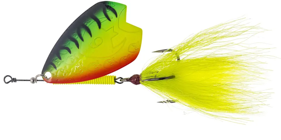 Obrotówka Westin SpinStrike Bucktail 14 g w kolorze Firetiger Buck z żółtozieloną kitą