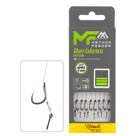 Przypony do methody Mikado MF14 z igłą - hak bez zadziora nr 14 / plecionka: 0.12mm / 10cm / 8szt.