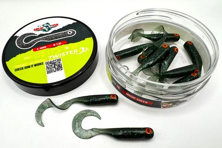 Guma Great Fish GF1 Twister 4,9cm | Magic Green | krewetkowy | 10 szt. | Dżejsiok Special Edition