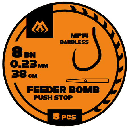 Przypony Mikado feeder bomb z push stopem - hak bez zadziora nr 6 / żyłka: 0.25mm/38cm - 8szt.