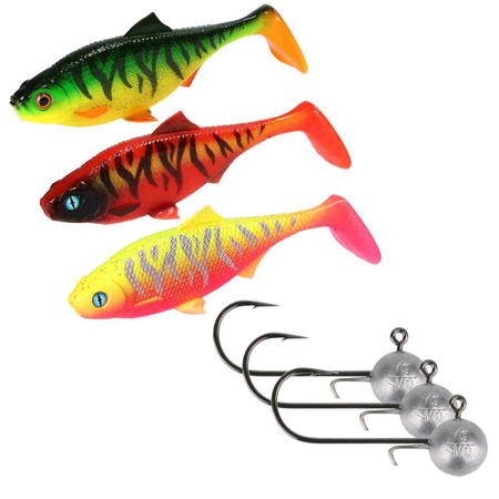Zestaw guma Mikado MFT Roach 8cm Dark Water Mix +główki Mikado Jaws 5g - 3/0