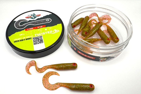 Guma Great Fish GF1 Twister 4,9cm | Motor Oil Green | bezzapachowy | 10 szt.