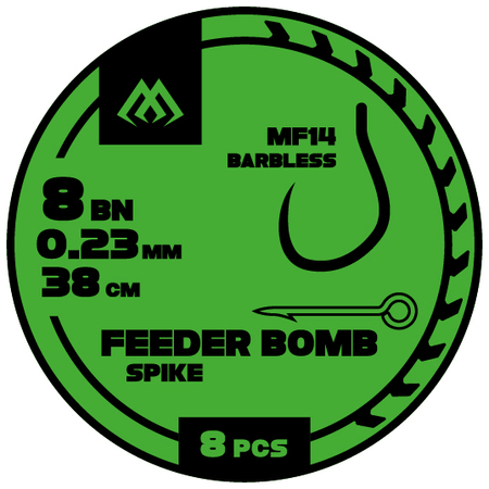 Przypony Mikado feeder bomb MF14 - Z IGŁĄ - hak bez zadziora nr 14 / żyłka: 0.18mm/38cm - 8szt.