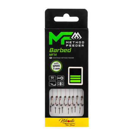 Przypony do methody Mikado MF14 z igłą - hak z zadziorem nr 4 / plecionka: 0.18mm / 10cm / 8szt.