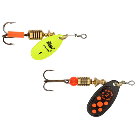 .Zestaw MEPPS AGLIA FLUO #1 seledynowa 3.5g + MEPPS BLACK FURY #2 czarny / czerwone kropki 4.5g 