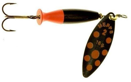 Obrotówka Mepps Aglia Long Heavy #1 | 8g | Czarna / Pomarańczowe Kropki