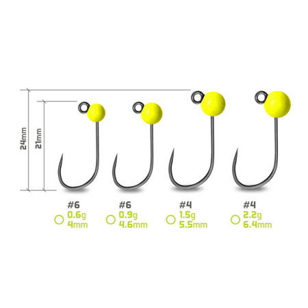 Główka jigowa wolframowa Delphin T-AREA BL / 4mm / 0.6g / #6 / 5 szt. - fluo żółta